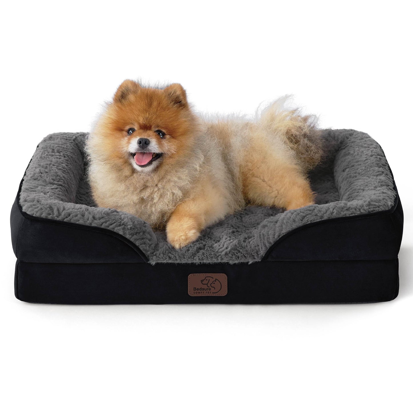 Bedsure Small Orthopedic Dog Bed - Calming Dog Sofa Beds for Small Dogs with Luxurious Short Plush, Pet Couch Bed with Removable Washable Cover, Waterproof Lining and Nonskid Bottom Couch, Black