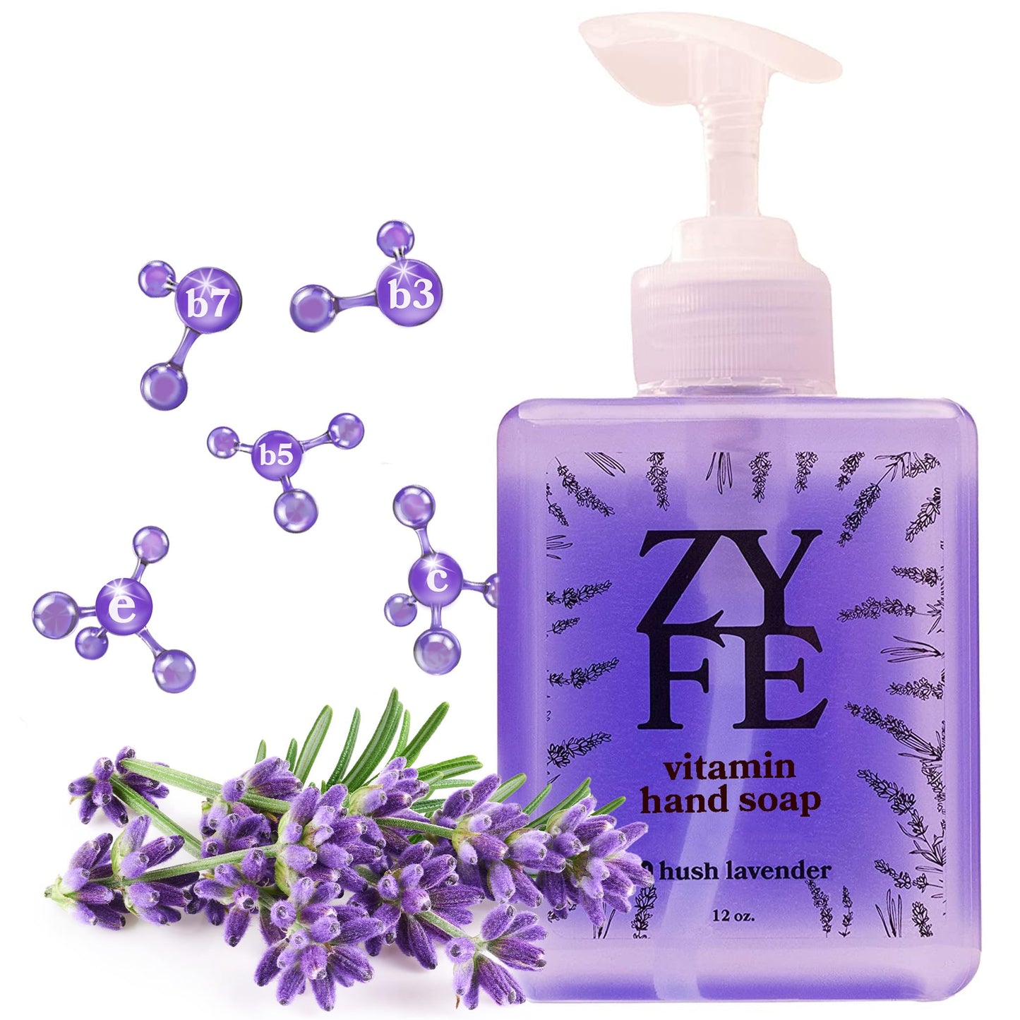 Vitamin Hand Soap - Liquid Hand Soap - Natural Plant Derived Moisturizing Handsoap with Essential Oil Fragrance Hush Lavendar - Soft Hand Wash for Kitchen & Bathroom with Pump 12oz - Lush Soft Soap