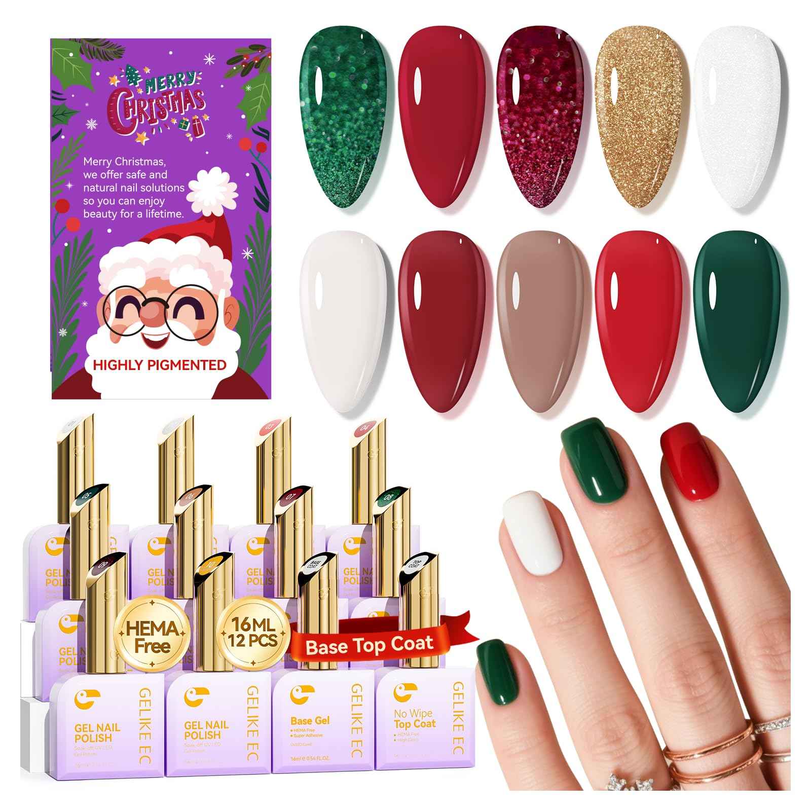 Gelike EC Christmas Gel Polish Set: Highly Pigmented Gel Nail Polish with Hema Free Base Top Coat and Greeting Color Cards 12pcs 16ML Big Bottle for Young Women - Festival Gift & DIY at Home