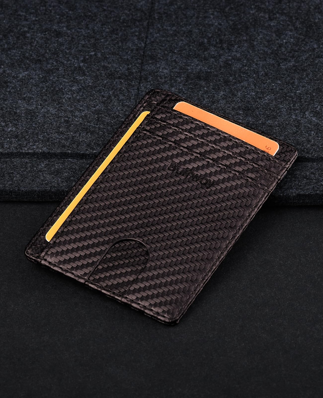 Buffway Slim Minimalist Front Pocket RFID Blocking Leather Wallets for Men and Women - Carbon Fiber Coffee