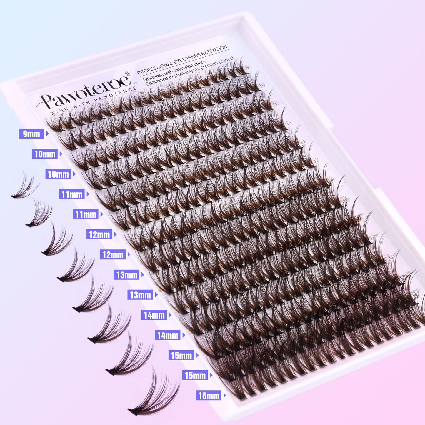 Pawotence Lash Extension Kit DIY 280pcs Brown Lash Clusters Eyelash Extension Kit 40D Curl 9-16mm Individual Lashes Kit with Lash Bond and Seal Lash Tweezers for Self Use (BROWN-40D-9-16MIX KIT)