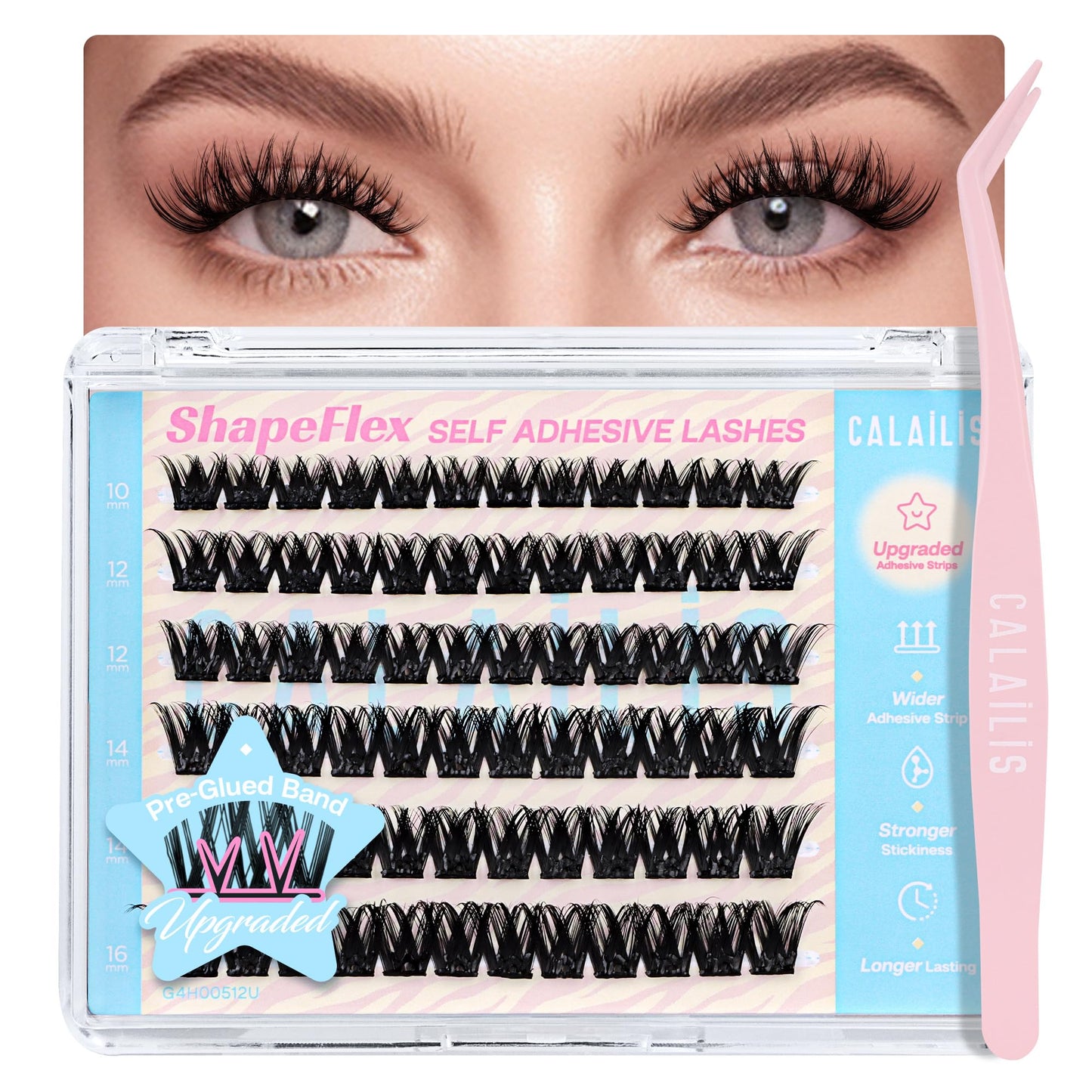 CALAILIS Self Adhesive Eyelashes 72Pcs D Curl Press on Lashes Pre Glued Eyelash Clusters No Glue Needed Lash Clusters Reusable Glueless DIY CLuster Lashes Kit with Tweezers for Beginners (ZN20)