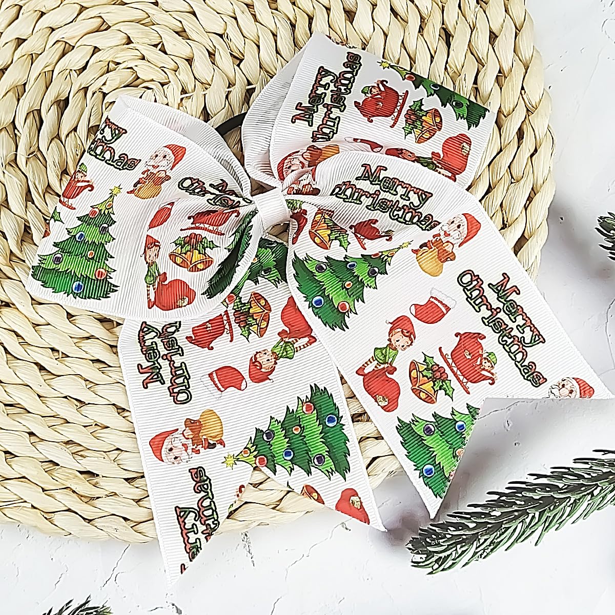 Christmas Cheer Hair Bows Hair Ties 7 Inch Large Santa Claus Christmas Tree Ribbon Bowknot Christmas Ponytail Holder Hair Ties Elastic Bands Cheerleader Decor Accessories for Women Xmas Party Gift