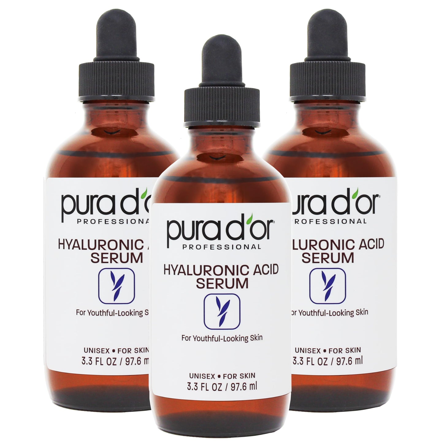 PURA D'OR Hyaluronic Acid Serum For Deep Hydration (3.3oz x3 = 9.9oz) Anti-Aging, Plumping & Moisturizing Formula For Smooth, Supple Skin - Natural Skincare Boost - Fine Lines & Wrinkle Reducer