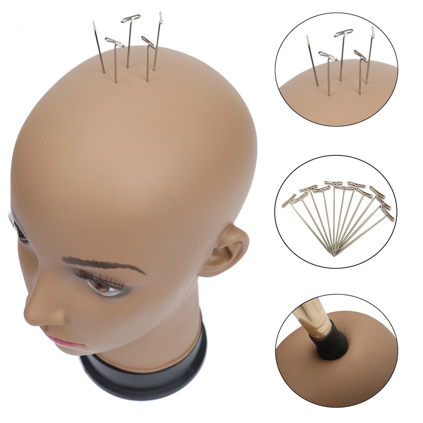 BHD BEAUTY Bald Mannequin Head Brown Female Professional Cosmetology for Wig Making, Display wigs, eyeglasses, hairs with T pins 22''