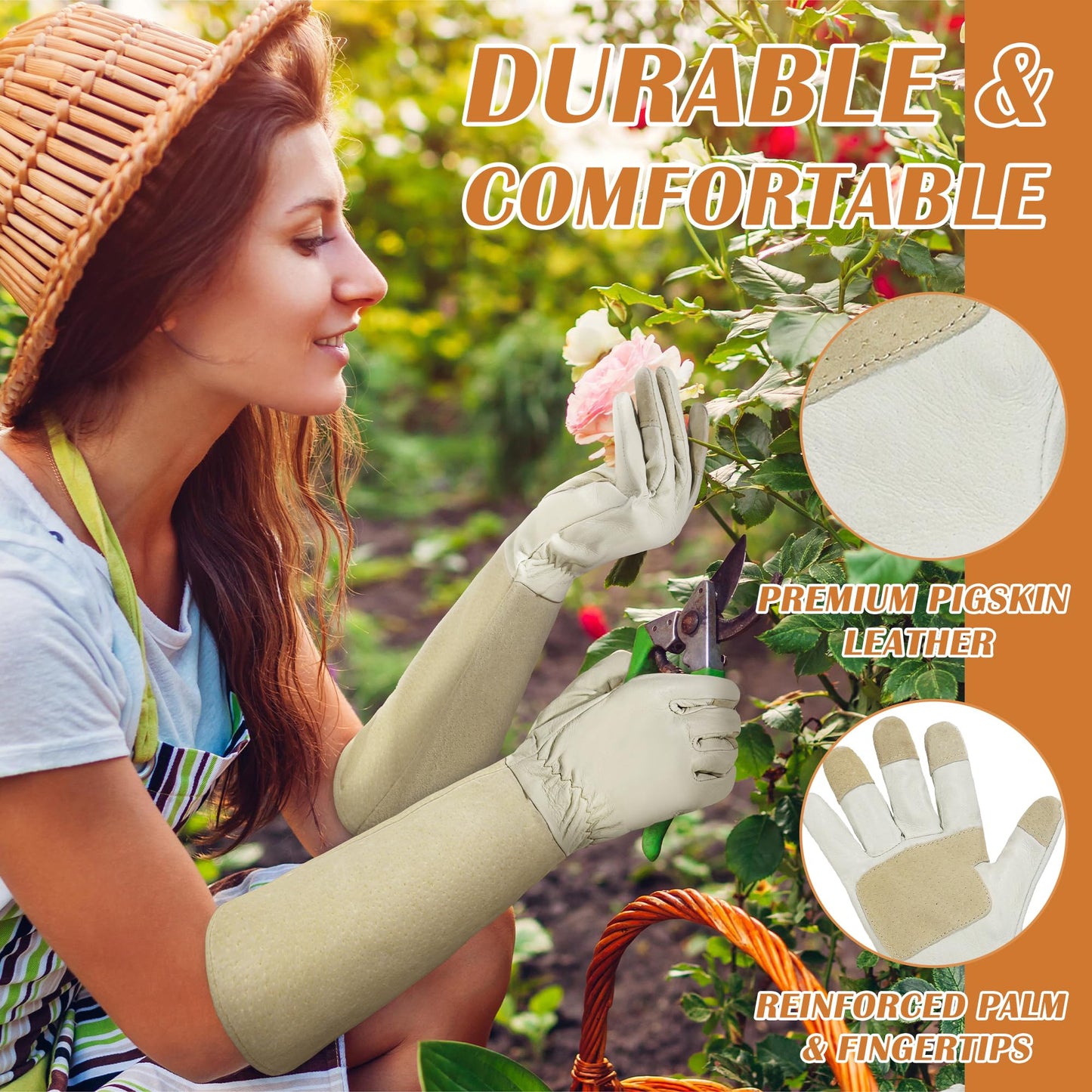 HANDLANDY Pruning Gloves Long for Men & Women, Pigskin Leather Rose Gardening Gloves- Breathable & Durability Gauntlet Gloves (Small, Beige)