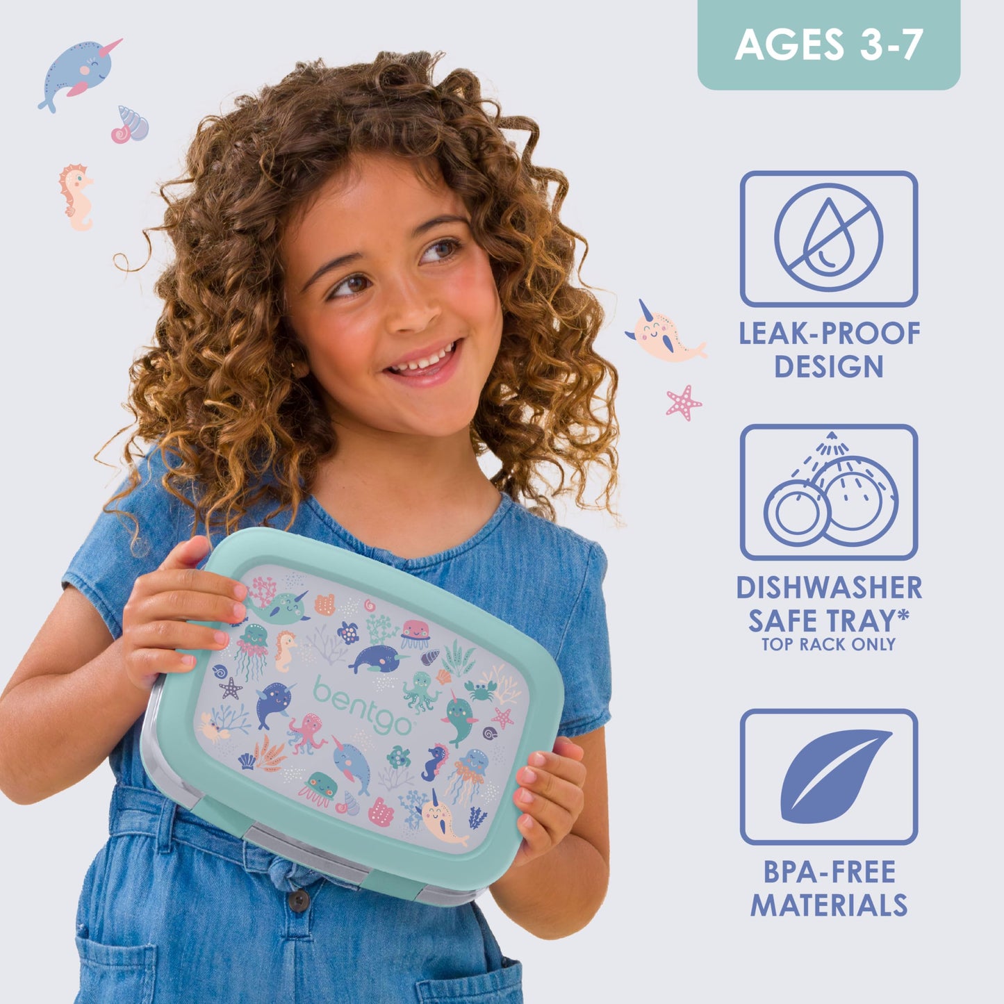 Bentgo Kids Prints Leak-Proof, 5-Compartment Bento-Style Kids Lunch Box - Ideal Portion Sizes for Ages 3-7, Durable, Drop-Proof, Dishwasher Safe, & Made with BPA-Free Materials (Sea Life)