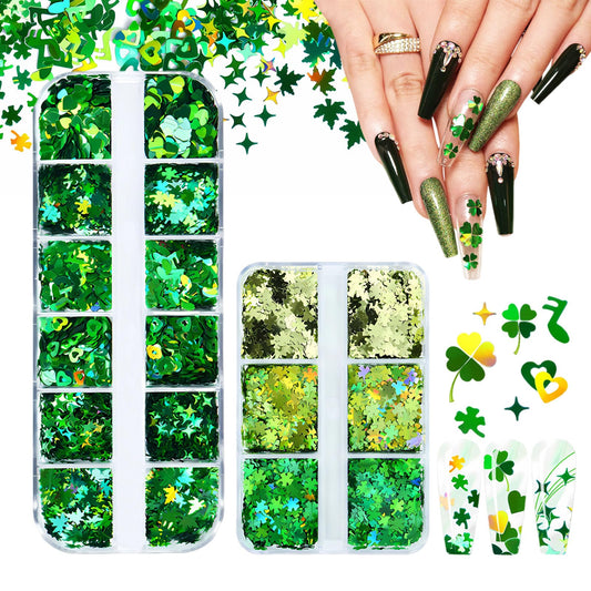 2 Boxes St. Patrick's Day Nail Art Glitters Sequins, Holographic Shamrock Nail Glitters Sequins Stars Heart Shape Designs for St. Patrick's Day Manicure Accessories(Green)