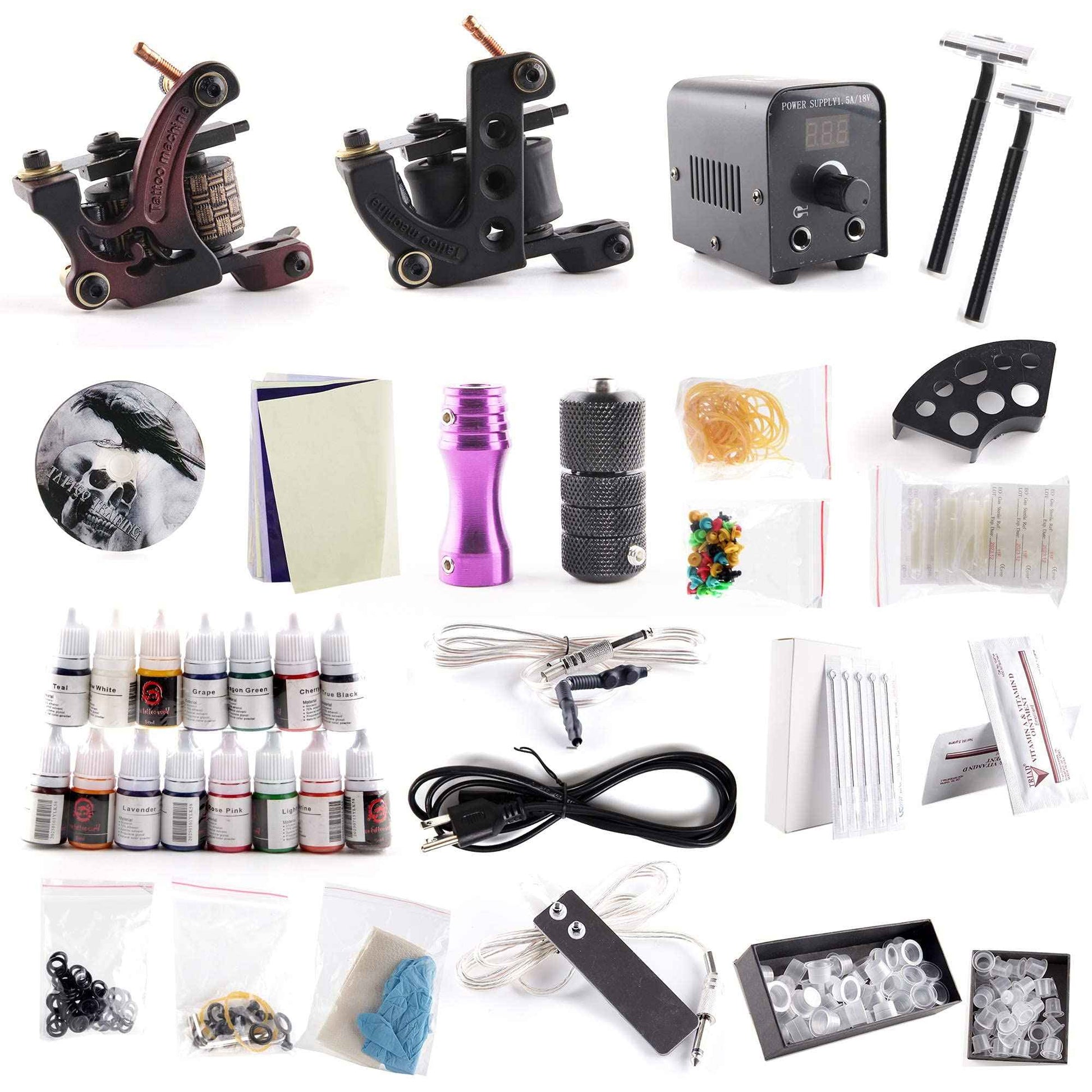 One Tattoo World Professional Tattoo Kit Ultimate Tattoo Mastery Kit: 2 Machines, Digital Power Supply, 15 Vibrant 5ml Inks, Grips, Needles, and More - OTW-KTB215A