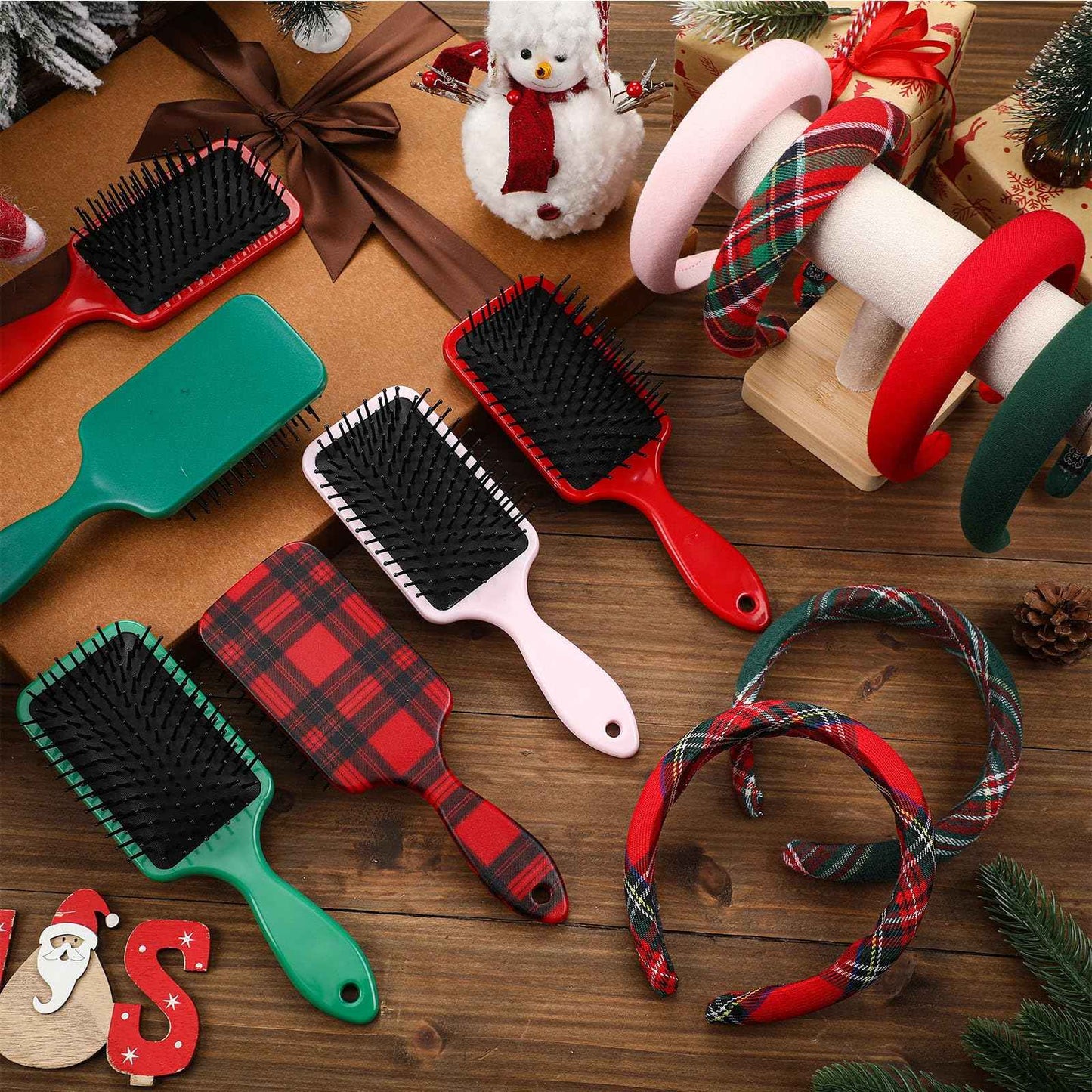 Vesici 6 Set Christmas Tartan Gift Bulk for Women Plaid Headbands Bulk Stocking Stuffers Head Spa Set Tartan Hair Brush with Plastic Bags & Labels Items Accessory for Spa Xmas Party Salon Makeup