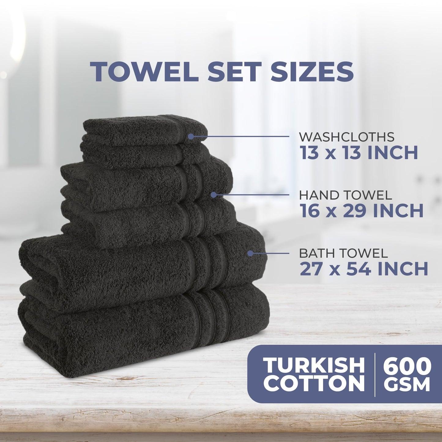 Hawmam Linen Black 6 Piece Bath Towels Set for Bathroom Original Turkish Cotton Soft, Absorbent and Premium 2 Bath Towels, 2 Hand Towels, 2 Washcloths