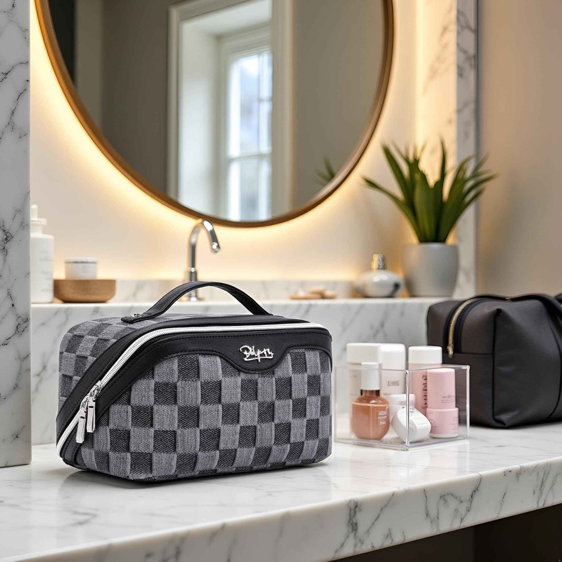 BOYATU Travel Makeup Bag for Women: Large Cosmetic Bag Set of 3 - PU Leather Make up Bag with Compartments - Compact Waterproof Toiletry Bag with Divider & Handle (D-2-Black)