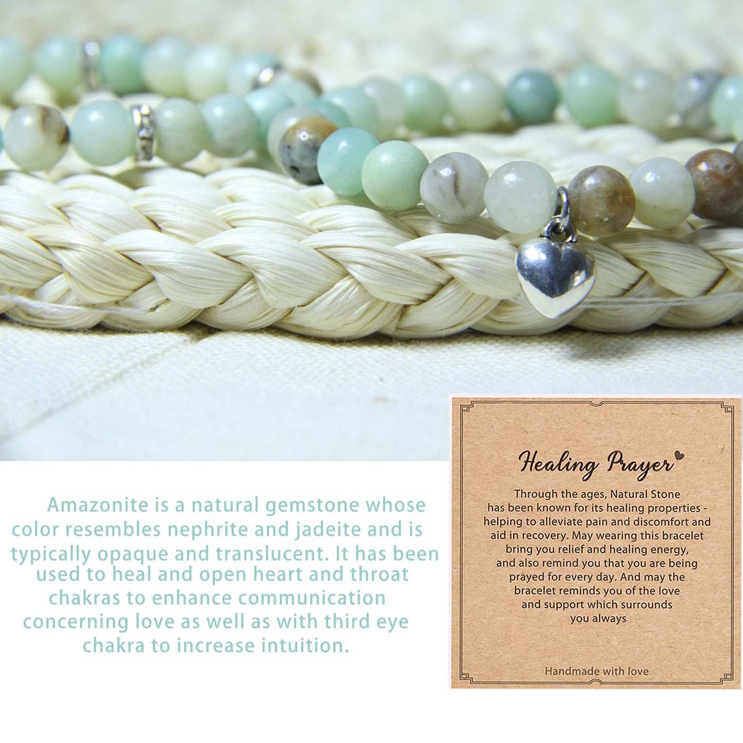 Healing Bracelets for Women - Amazonite Bracelet - Healing Prayers Crystal Bracelet, 8mm Natural Stone Anti Anxiety Stress Relief Yoga Beads Get Well Soon Gifts