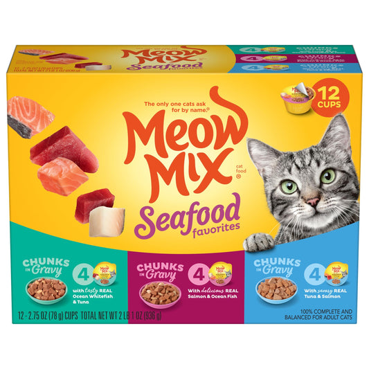 Meow Mix Seafood Favorites Chunks in Gravy Wet Cat Food Variety Pack, 2.75 Ounce (Pack of 12)