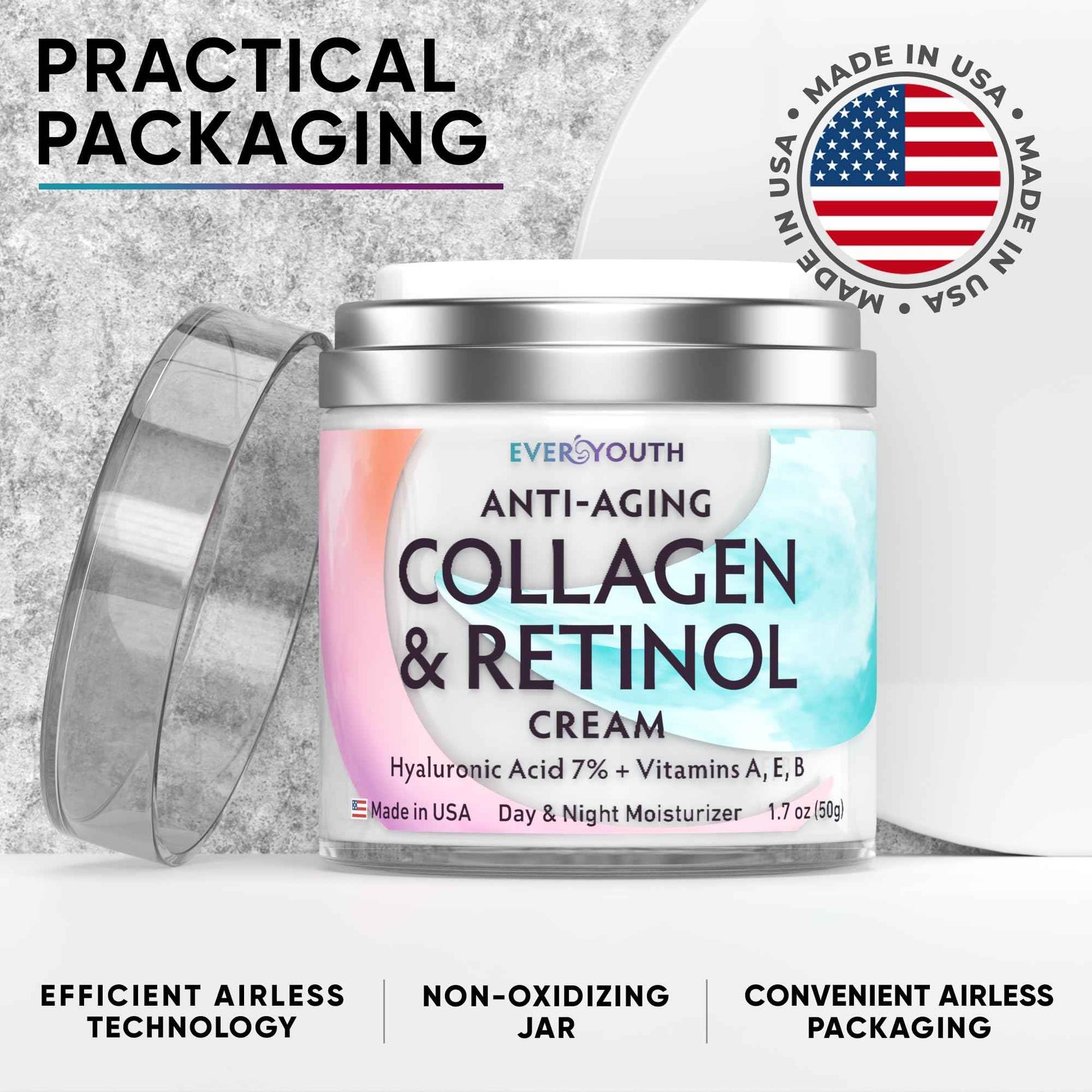 Collagen Cream for Face, Neck & Décolleté, Anti Aging Facial Moisturizer for Women with Hyaluronic Acid, Vitamin E, Made in USA, Anti Wrinkle Face Cream, Neck Creams for Tightening and Firming, 1.7oz