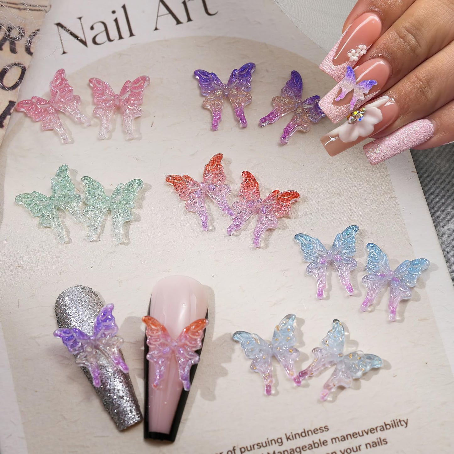 ZASKHLD Butterfly Nail Charms Glitter Clear Butterfly Nail Designs 3D Colorful Butterfly Nail Gems Gradient Butterflies Resin Nail Jewels Luminous Butterfly Nail Art Supplies for Women Girls 60Pcs