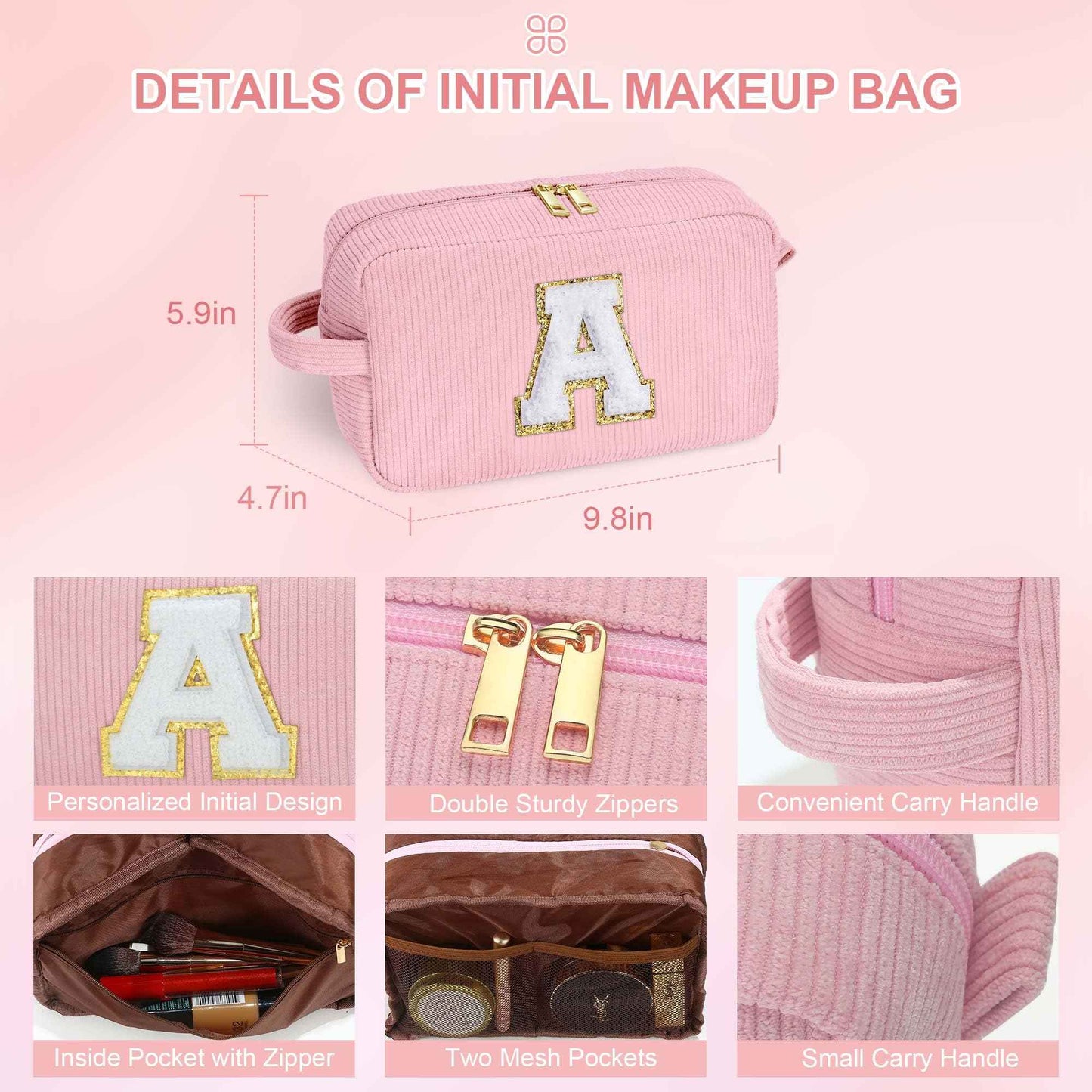 YOOLIFE Travel Makeup Bag Cosmetic Bag - Birthday Gifts for Girls Women Make Up Bag Monogram Cute Makeup Bag Personalized Teen Girl Gift Daughter Friend Birthday Gifts for Women Her Girl Blue Letter A