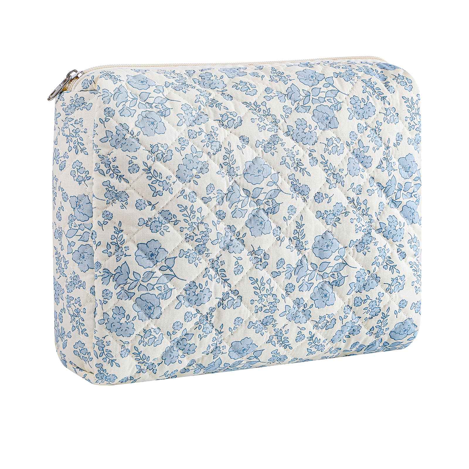 HHQQWZ Large Travel Makeup Bag Cosmetic Bag for Women Girls, Cute Large Floral Cotton Cosmetic Bag, Zipper Toiletry Bag Makeup Brushes Accessories Organizer Storage Bag (Blue Floral)