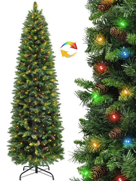 Dual Color Change&Timer 6Ft Prelit Christmas Tree,240 Warm White&Colored Lights 8 Modes,658 Thick Classics Tips,52 Pinecone,UL Plug,Metal Stand,Artificial Skinny Pencil Christmas Tree Party Home Decor