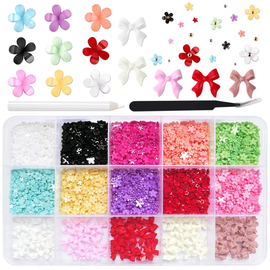 LoveOurHome 3D Flower Nail Charms Cute Bow Charms Nail Decorations Kit Bow-knot Floral Nail Charms Studs Gold Silver Beads Acrylic Nail Design Resin Accessories Jewelry Nail Supplies with Tweezer