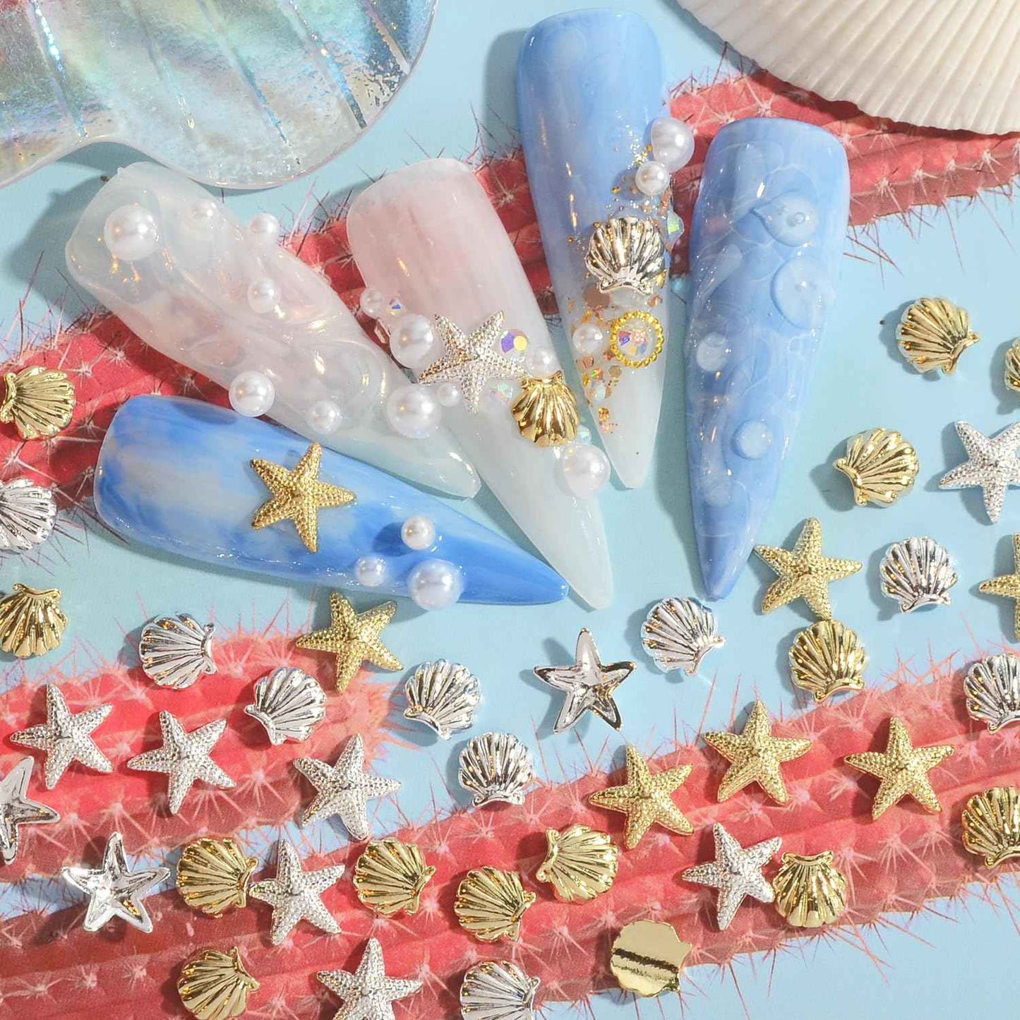 WEILUSI 100PCS Gold Silver Nail Art Charms Ocean Theme Shell Starfish Studs Decals Rivets, Alloy 3D Sea Shell Star Metal Nail Jewelry Supplies for DIY Manicure Decoration