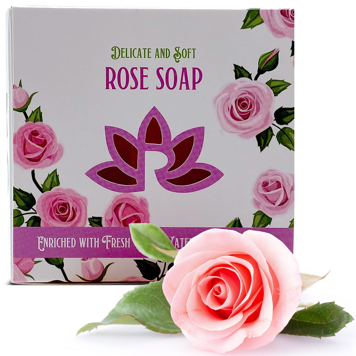 ROSE Natural Cold Process Soap with Fresh Rose Water, Kaolin Clay, Rose Petals, Moisturizing Coconut Oil - Gentle pink soap for sensitive skin - Perfect for face and body (Round Rose Soap)