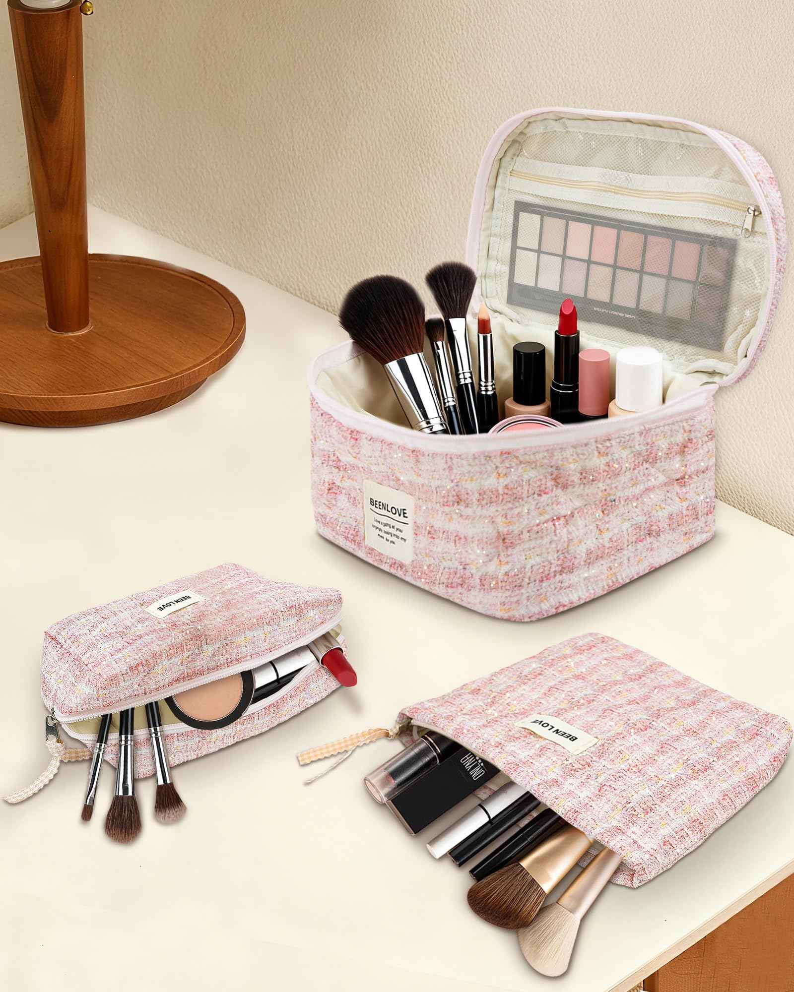 Makeup Bag Set 3 Piece Travel Toiletry Organizer-Portable Cosmetic Bag Set for Women Girls, Stylish Large Medium Small Makeup Pouches - Lightweight Beauty Storage Bags Gift for Teen, Daughter (Pink)
