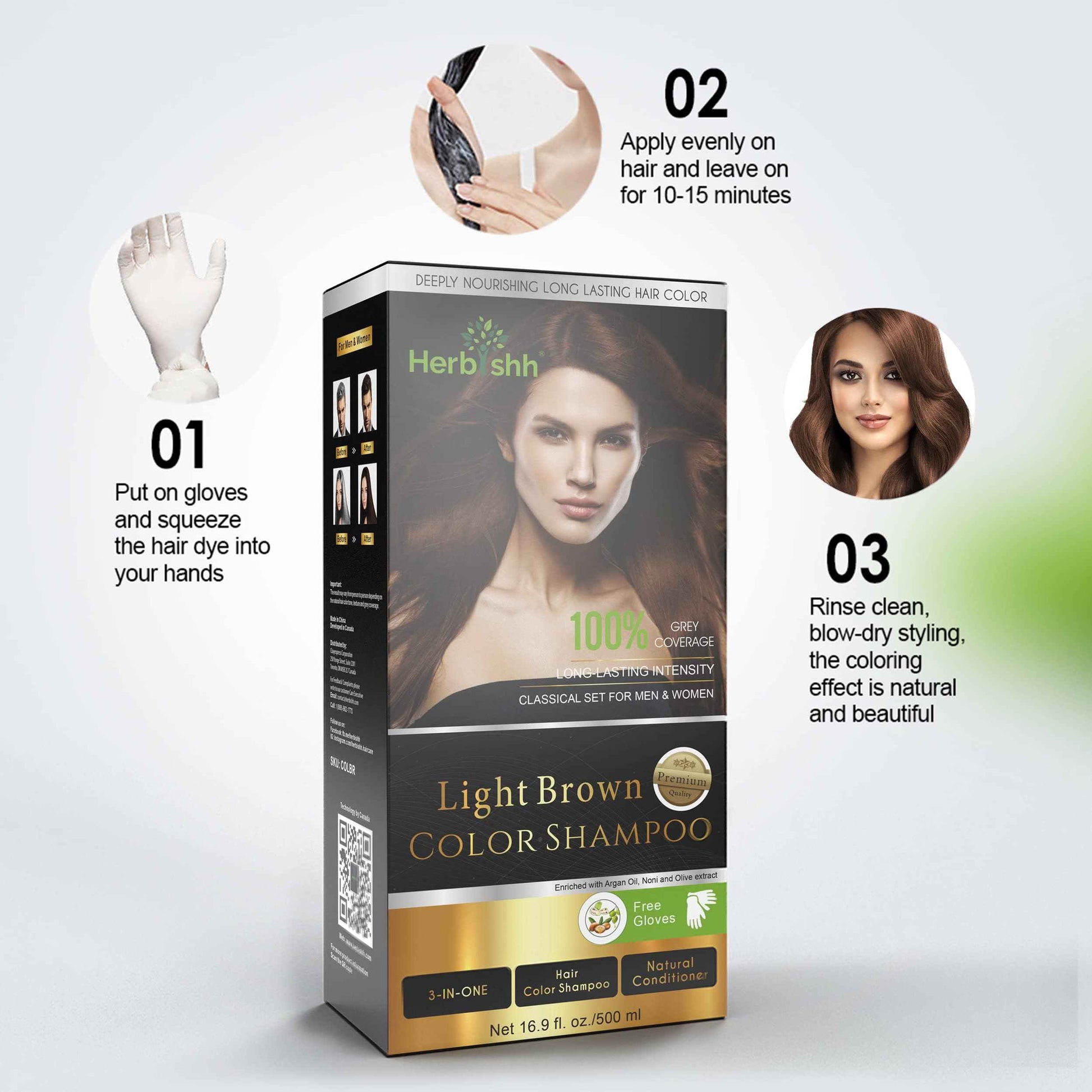 Herbishh Hair Color Shampoo Light Brown Magic Dye for Gray Hair Argan Hair Mask-Deep Conditioning & Hydration For Healthier Looking Hair 150ml