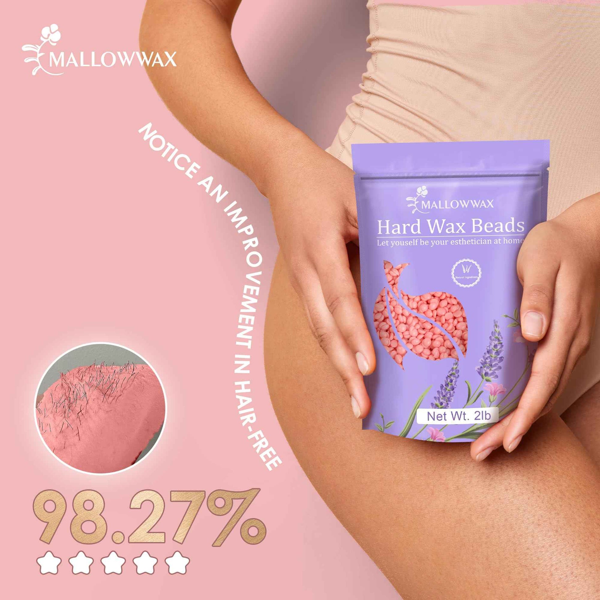 Mallowwax Hard Wax Beads for Hair Removal, 2LB – Premium Hair Removal Wax Refill for Sensitive Skin with Rose Formula, Ideal for Facial and Brazilian Areas