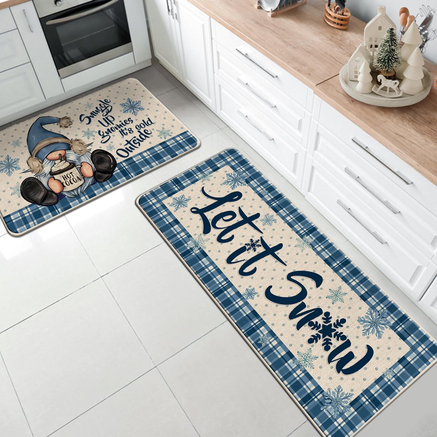 Tailus Winter Gnome Let It Snow Kitchen Rugs Set of 2, Blue Plaid Polka Dot Snowflake Farmhouse Kitchen Mats Decor, Christmas Holiday Seasonal Floor Door Mat Home Decorations -17x29 and 17x47 Inch