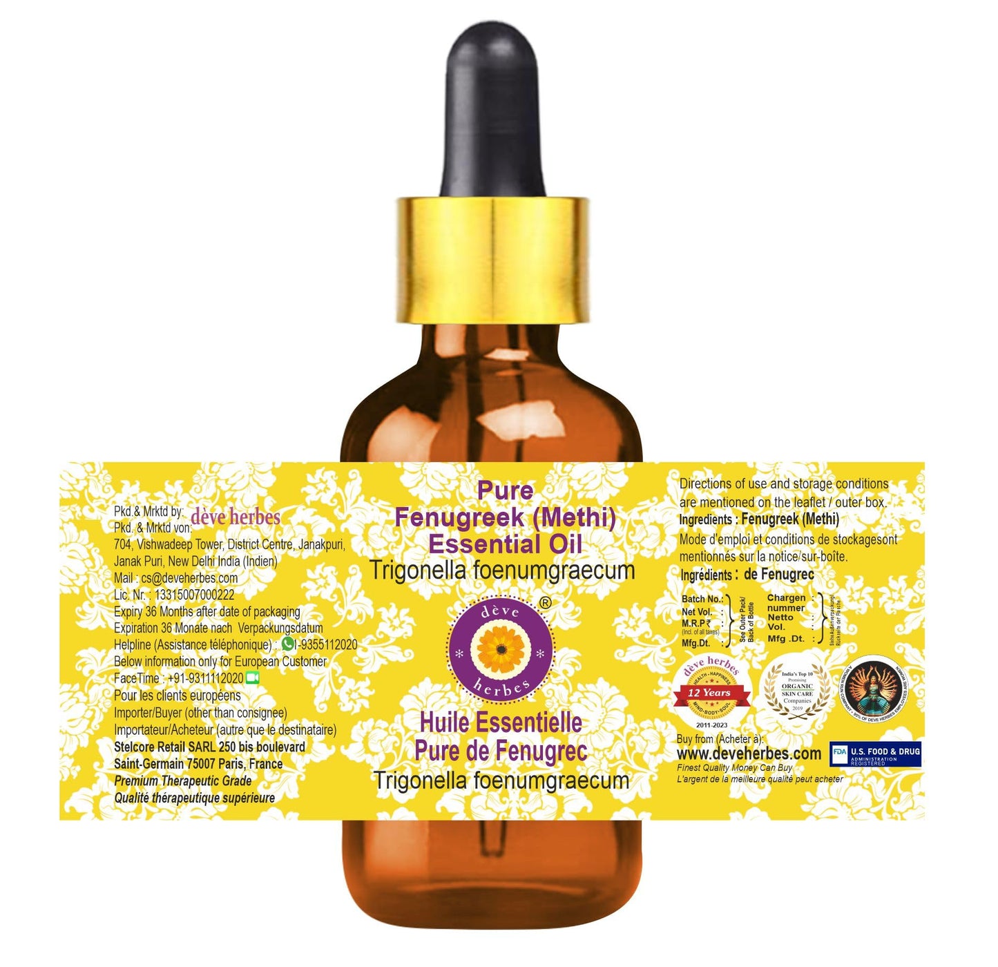 Deve Herbes Pure Fenugreek (Methi) Essential Oil (Trigonella foenumgraecum) with Glass Dropper Steam Distilled 5ml (0.16 oz)