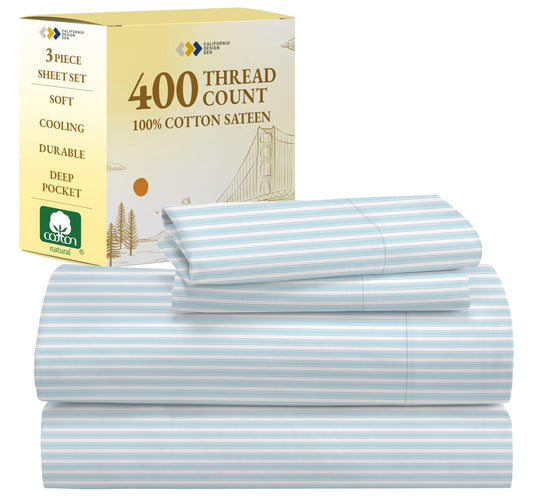 California Design Den Striped Bed Sheets Twin Size, 3 Piece 100% Cotton Sheets Set Luxury 400 Thread Count Sateen, Twin Sheets Printed Pattern (Cape Stripe)