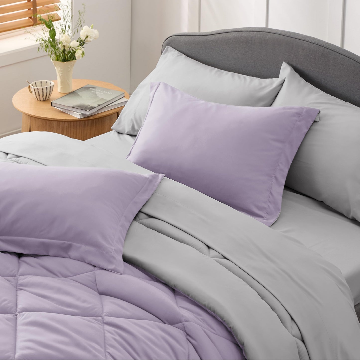 Bedsure Light Purple Twin Comforter Set - 5 Pieces Reversible Twin Bed in a Bag, Extra Long Twin Bed Set Light Purple and Grey with Comforters, Sheets, Pillowcase & Sham