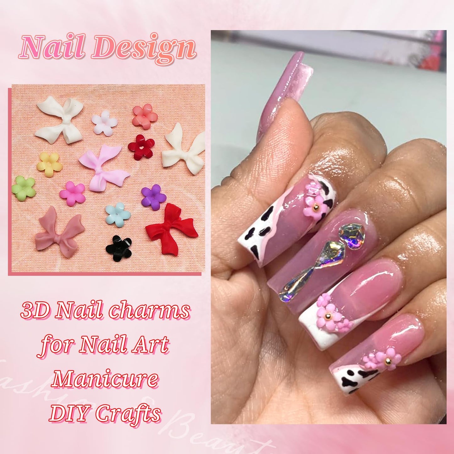 LoveOurHome 3D Flower Nail Charms Cute Bow Charms Nail Decorations Kit Bow-knot Floral Nail Charms Studs Gold Silver Beads Acrylic Nail Design Resin Accessories Jewelry Nail Supplies with Tweezer