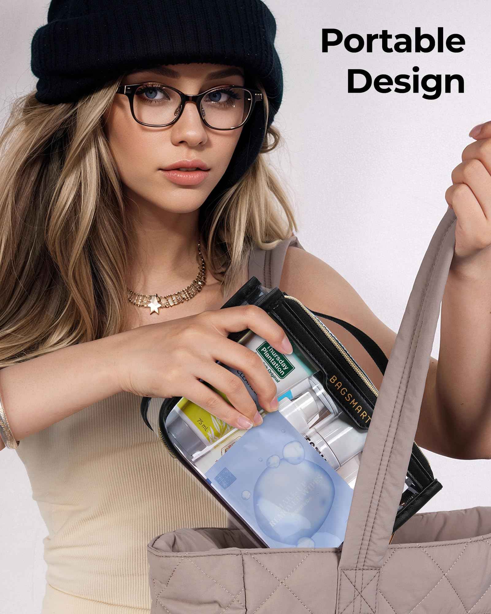 BAGSMART TSA Approved Toiletry Bag, Clear Travel Toiletry Bag, Makeup Cosmetic Pouch Bag for Women Quart Size Compliant Bag Organizer for Travel Essentials (Black Pack of 1,)