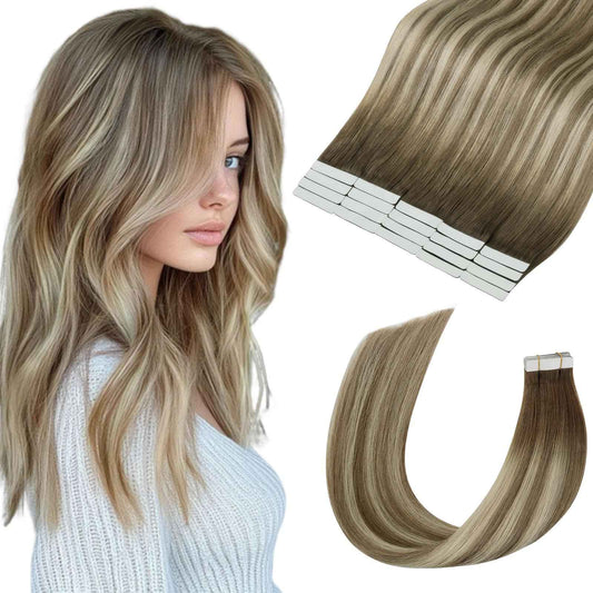 MEI YUAN LIN invisible tape in hair extensions human hair 14Inch 3/8/22 Dark Brown Fading To Brown and Blonde 20pcs 40G remy Hair Extensions PU weft yarn for Party
