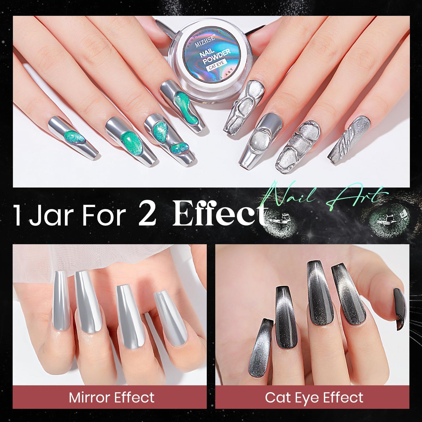 MIZHSE 9D Cat Eye Chrome Nail Powder Mirror Effect, Silver Magnetic Glitter Pigment Powder for Gel Nails Chameleon Cateye Magic Galaxy Nail Art Powder with Magnet