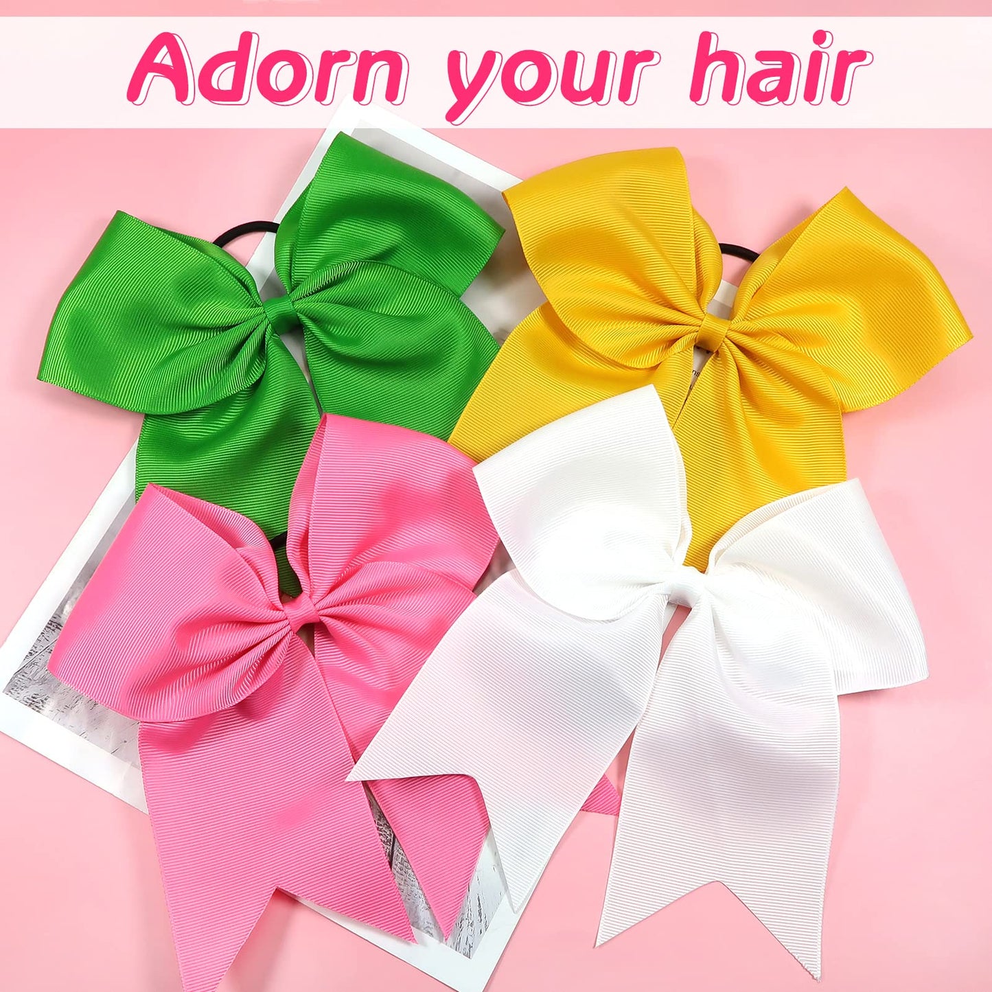 TUUXI 4pcs 8" Large Cheer Bows for Cheerleading Cheerleader Bows Elastics Hair Ties Bands Grosgrain Ribbon Ponytail Holder Team Baseball Softball Tennis White Pink Yellow Green