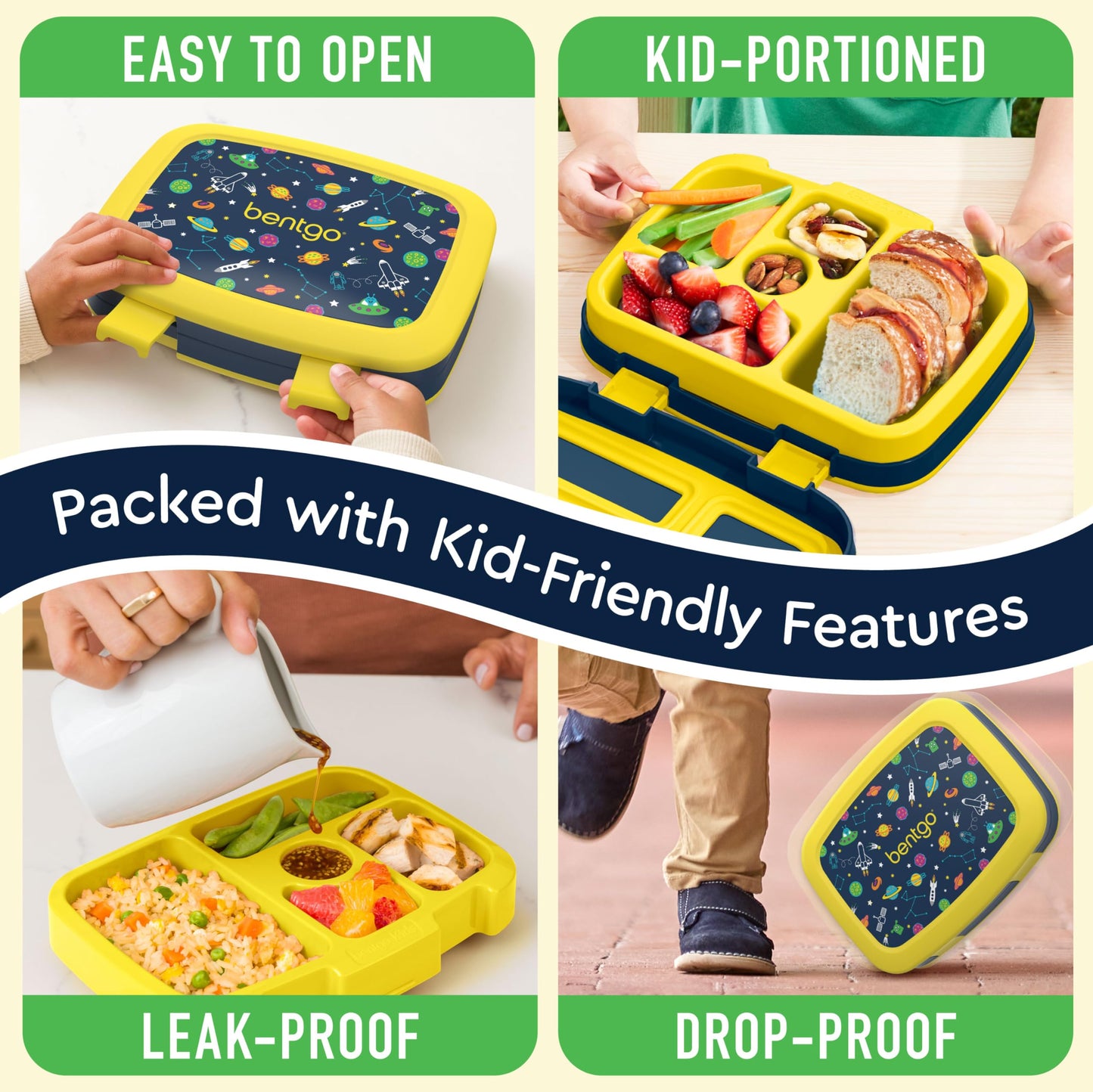 Bentgo Kids Prints Leak-Proof, 5-Compartment Bento-Style Kids Lunch Box - Ideal Portion Sizes for Ages 3-7, Durable, Drop-Proof, Dishwasher Safe, & Made with BPA-Free Materials (Space)