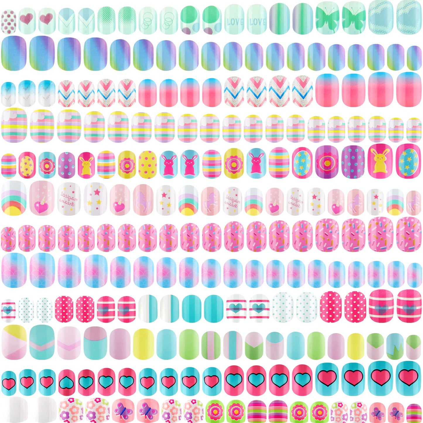 240 Pieces 12 Sets Press on Nails for Kids Girls Fake Nails Artificial False Fingernail Pre-glue Full Cover Cartoon Gradient Short Nail Tip for Girls Kids Nail Decoration