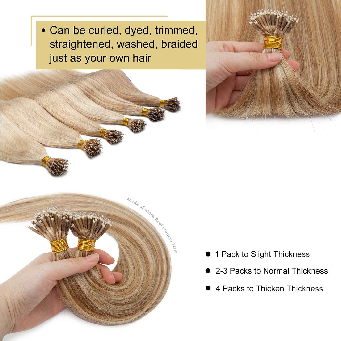 S-noilite Nano Ring Human Hair Extensions Pre Bonded Nano Bead Tip Hairpieces Balayage Highlighted Cold Fusion Micro Link Loop Remy Hair 50g 50 Strands For Women 18" #12/613 Golden Brown/Bleach Blonde