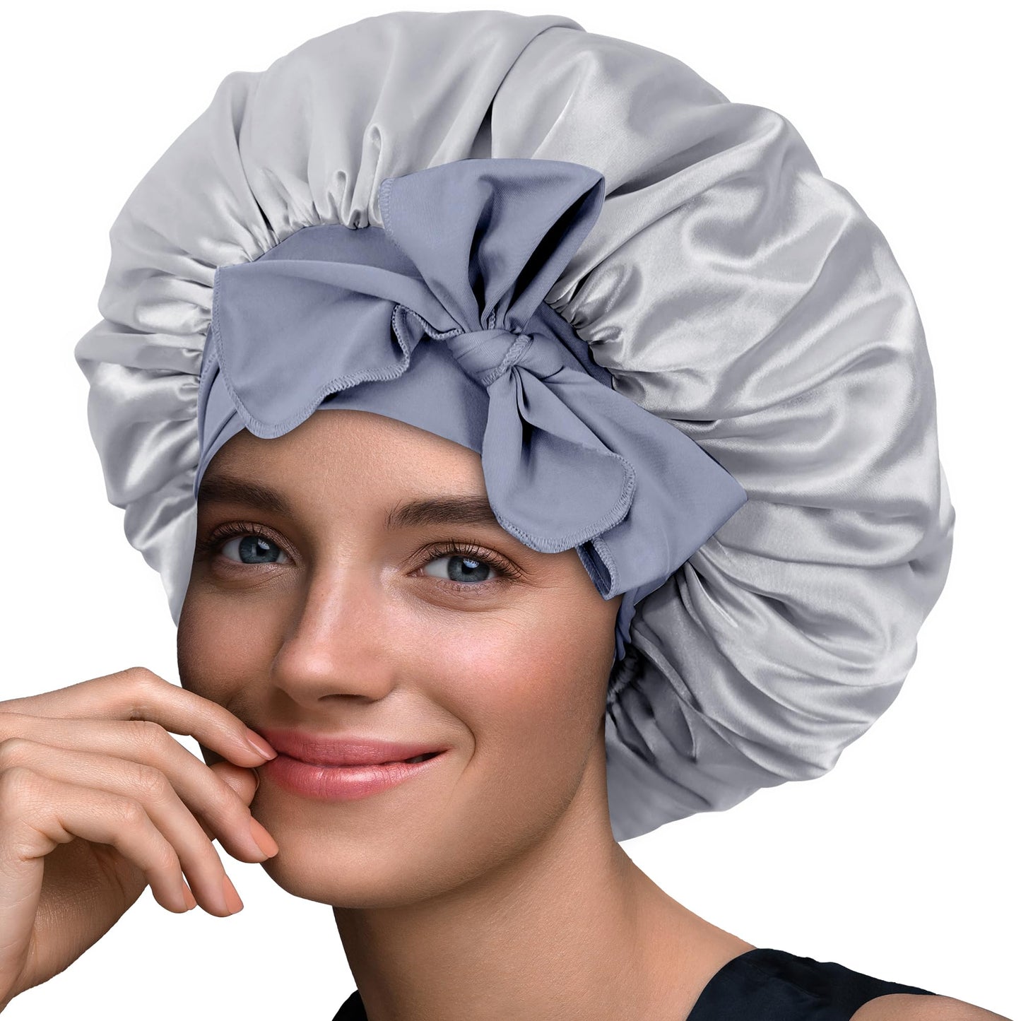 BONNET QUEEN Silk Bonnet for Sleeping Women Satin Bonnet Hair Bonnet Night Sleep Cap Scarf wrap for Curly Hair with tie Band Silver Grey