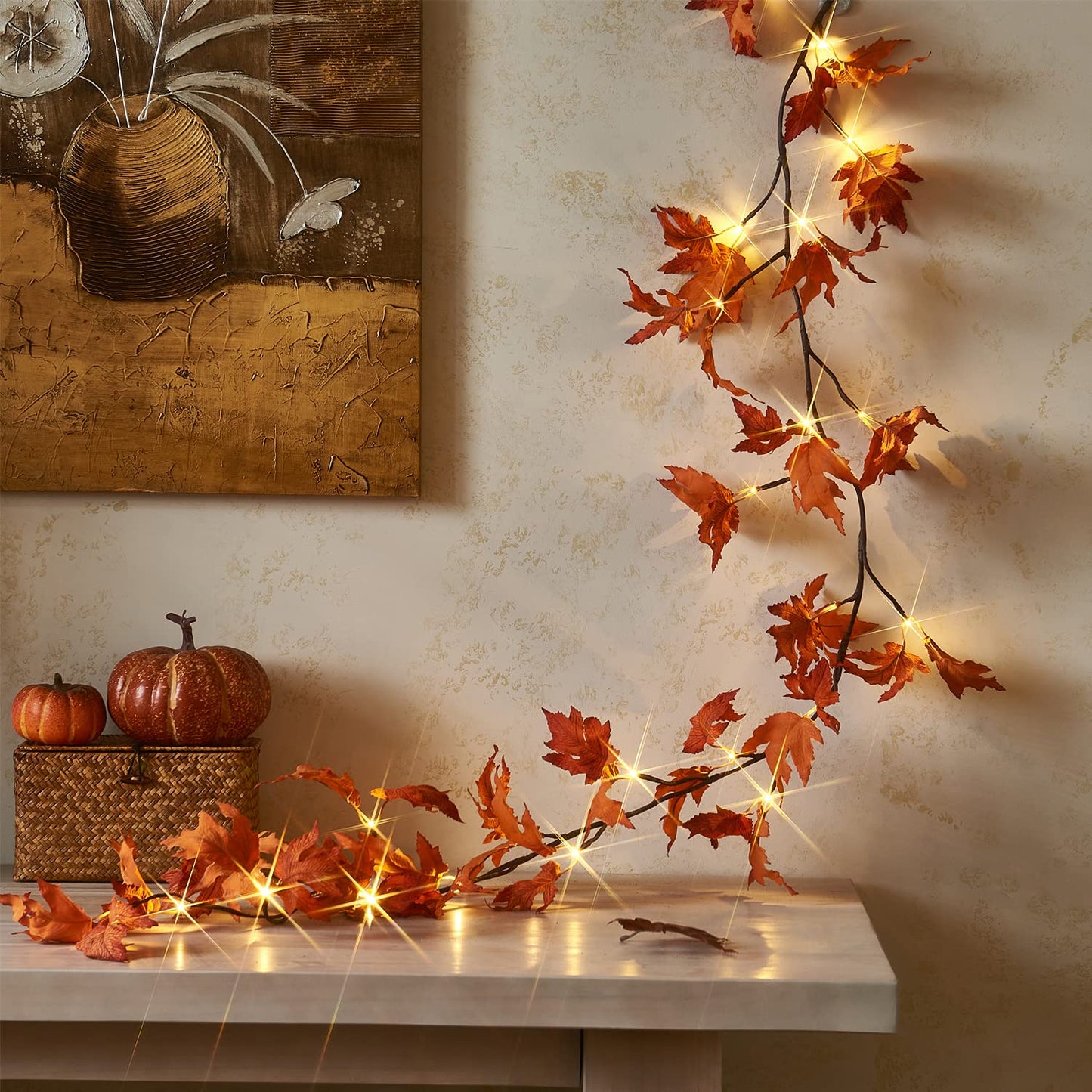 Fudios Lighted Maple Leaf Garland with Timer 24 Warm White LED 6FT for Fall Thanksgiving Decor, Artificial Garland with Lights Battery Operated Harvest Christmas Decoration Indoor Outdoor