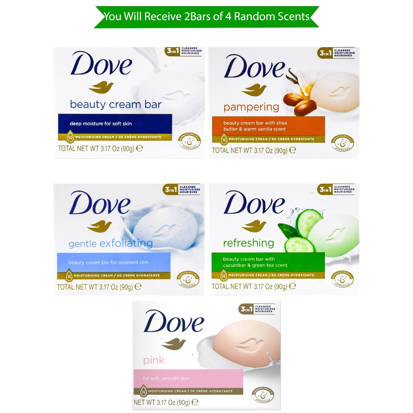 BASICOS 8Pack Dove Beauty Bar Soap Variety Set – Mild for Skin – 4 Random Scents: Exfoliating, White, Pink, Refreshing, Shea – 2 Bars Each (3.17oz) – Plus Loofah Sponge