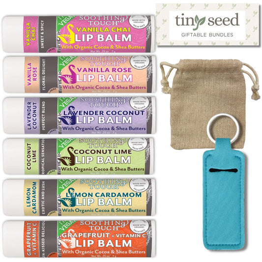 Vegan Lip Balm Set - Pack of 6 Soothing Touch Lip Balms. Plus Muslin Pouch and Lip Balm Holder Keychain (Blue): Lavender Coconut, Vanilla Chai, Vanilla Rose, Coconut Lime, Lemon Cardamom, Grapefruit