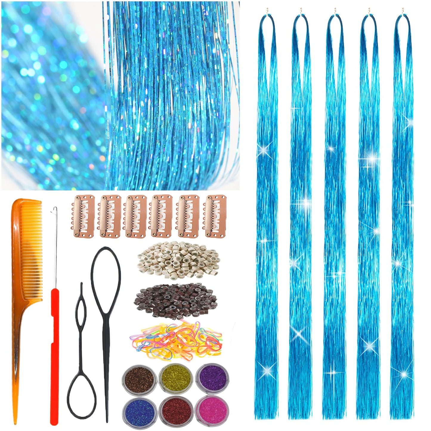 CelineBella Blue Tinsel hair Heat Resistant Fairy Hair Tinsel Extensions 48 Inch Glitter Strands Very Cute Easy to Use for Kids Girls