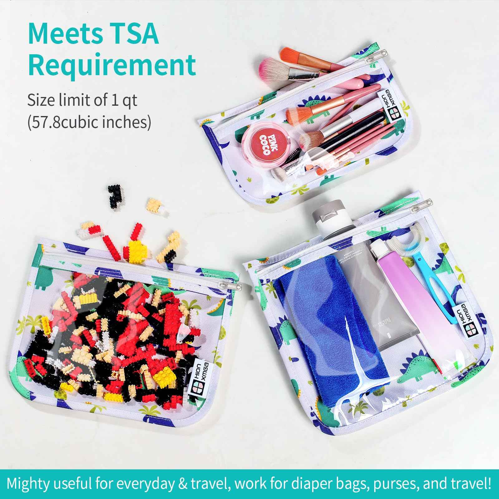 HIONXMGA TSA Approved Toiletry Bag, Set of 3 Clear Travel Toiletry Bag Quart Size Zipper Travel Pouch, Waterproof Makeup Cosmetic Bag for Women Men Kids Toiletries Carry on, Dinosaur White