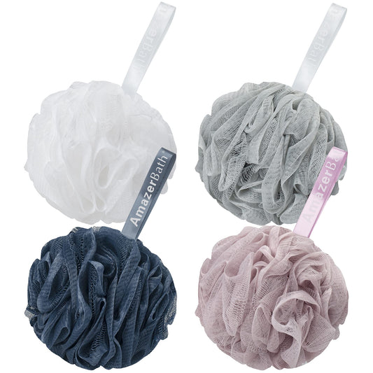 AmazerBath Loofah Sponge 60g/Piece, Exfoliating Bath Sponge Body Scrubber - Loofa Set of 4 Grey Blue-Pink-Grey-White