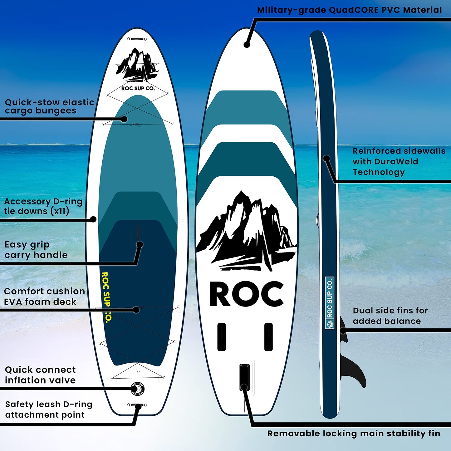 Roc Paddle Boards 10 ft 6 in Inflatable SUP, 350lbs Weight Capacity, Wide Stable Design, Premium Accessories, 3 YEAR WARRANTY, USA Owned Brand, Royal