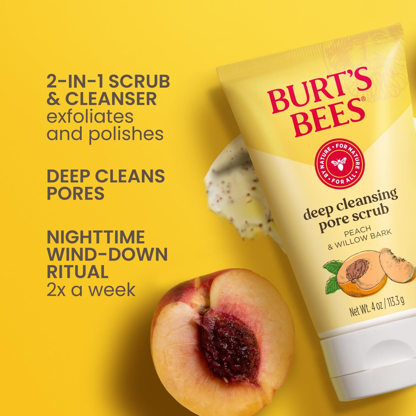 Burt's Bees Deep Cleansing Pore Scrub with Peach and Willow Bark, 4 Ounces, Pack of 3